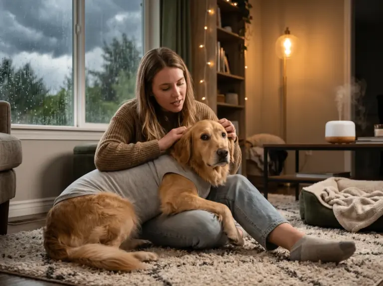 How To Calm An Anxious Dog During Thunderstorm Events Thumbnail